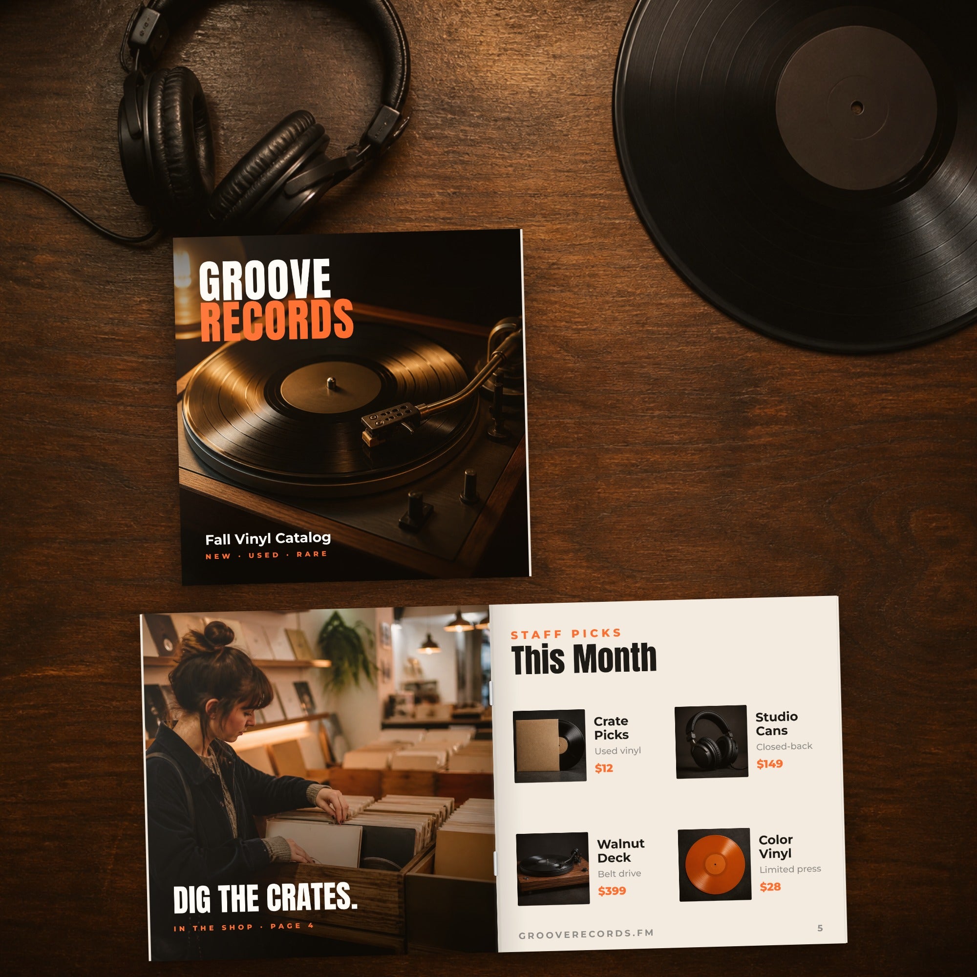 Printed 12 x 12 square record store catalog closed and open on a walnut record store counter with headphones