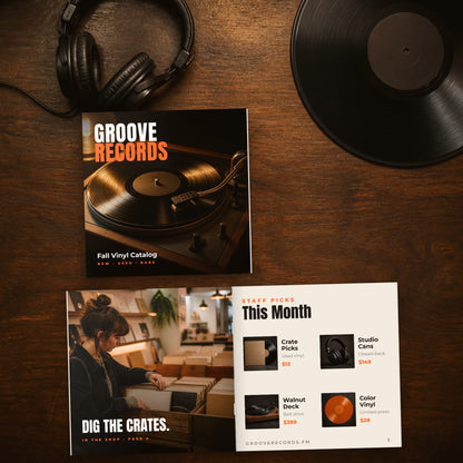 Printed 12 x 12 square record store catalog closed and open on a walnut record store counter with headphones