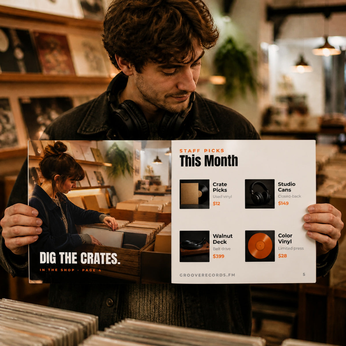 Man in a record store holding an open 12 x 12 square vinyl catalog