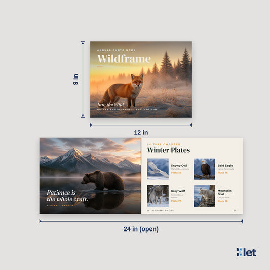 12 x 9 landscape booklet size: 12 x 9 in closed, opens flat to 24 x 9 in