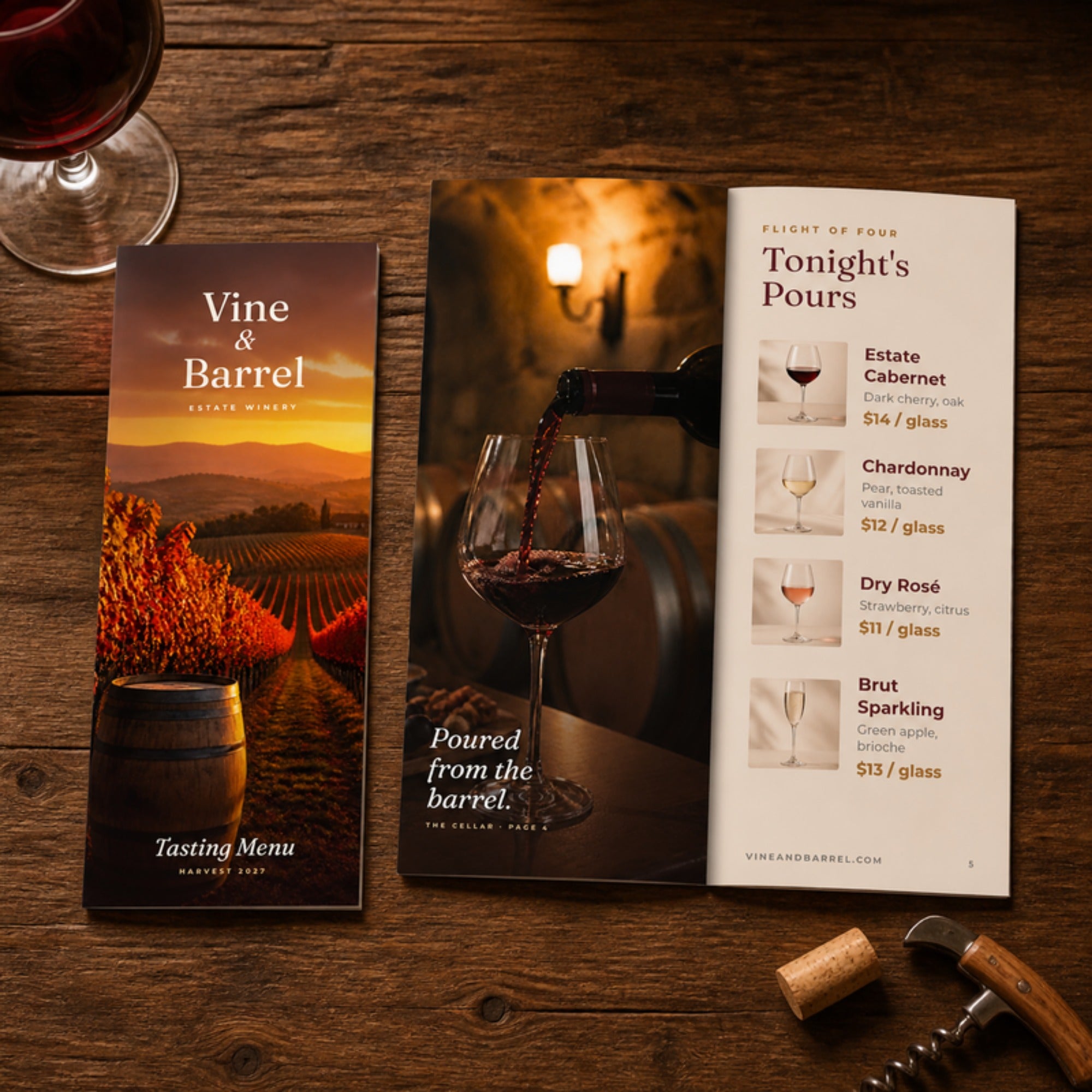 Printed 3.5 x 8.5 winery tasting menu closed and open on a wooden tasting bar with a glass of wine