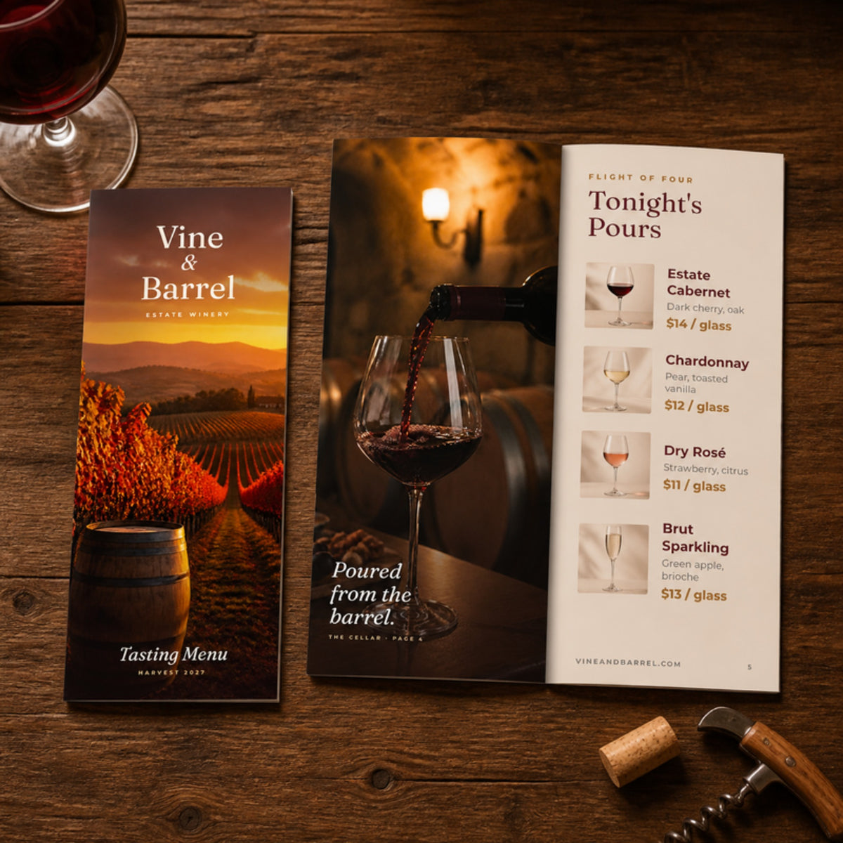 Printed 3.5 x 8.5 winery tasting menu closed and open on a wooden tasting bar with a glass of wine