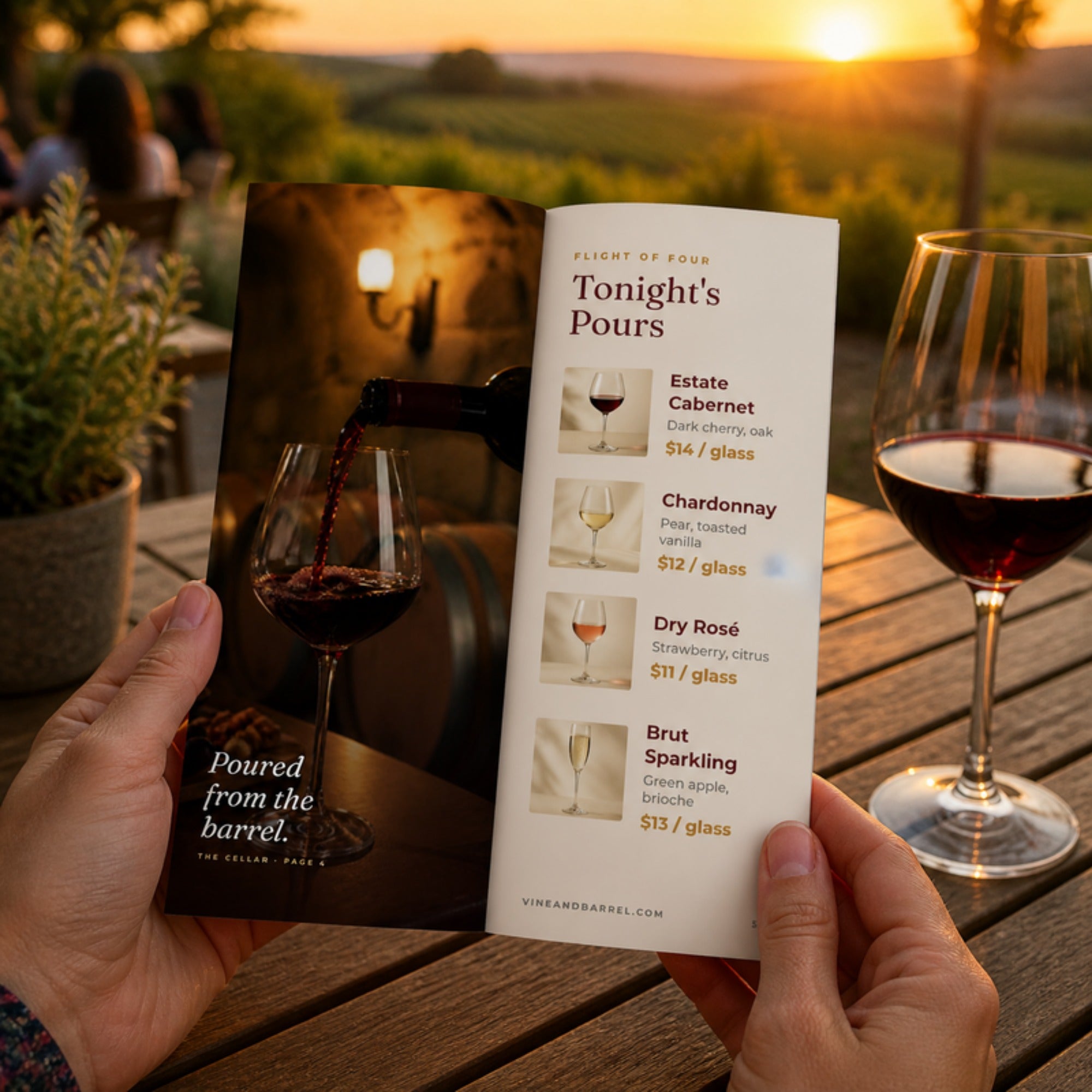 Hands holding an open 3.5 x 8.5 wine tasting menu on a vineyard patio