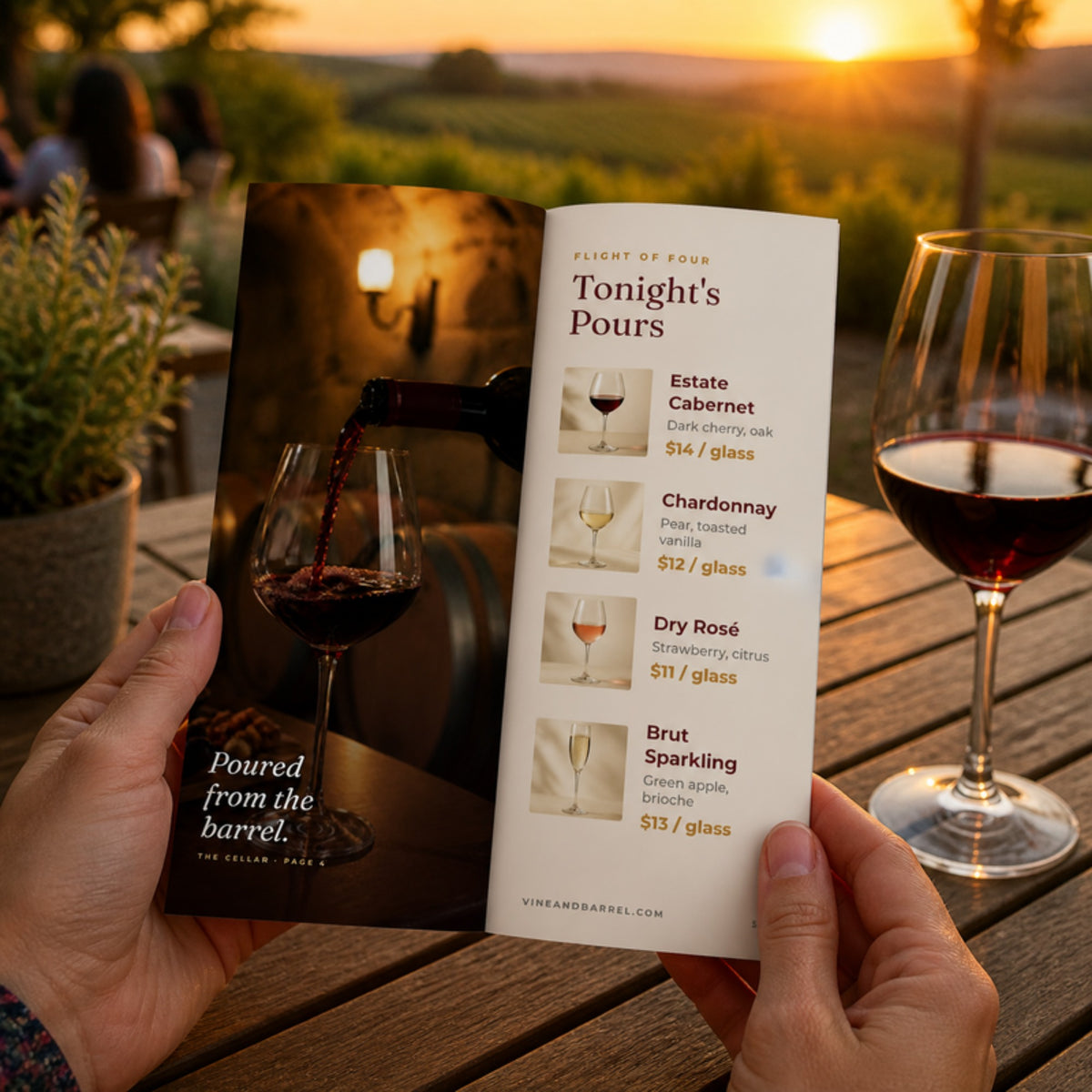 Hands holding an open 3.5 x 8.5 wine tasting menu on a vineyard patio