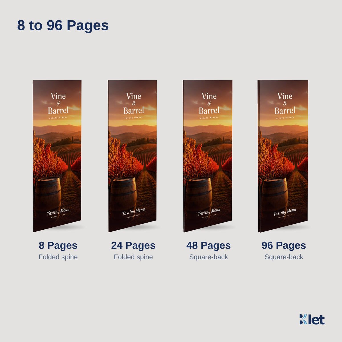 3.5 x 8.5 booklets with 8, 24, 48 and 96 pages: folded spine up to 36 pages, square-back from 40