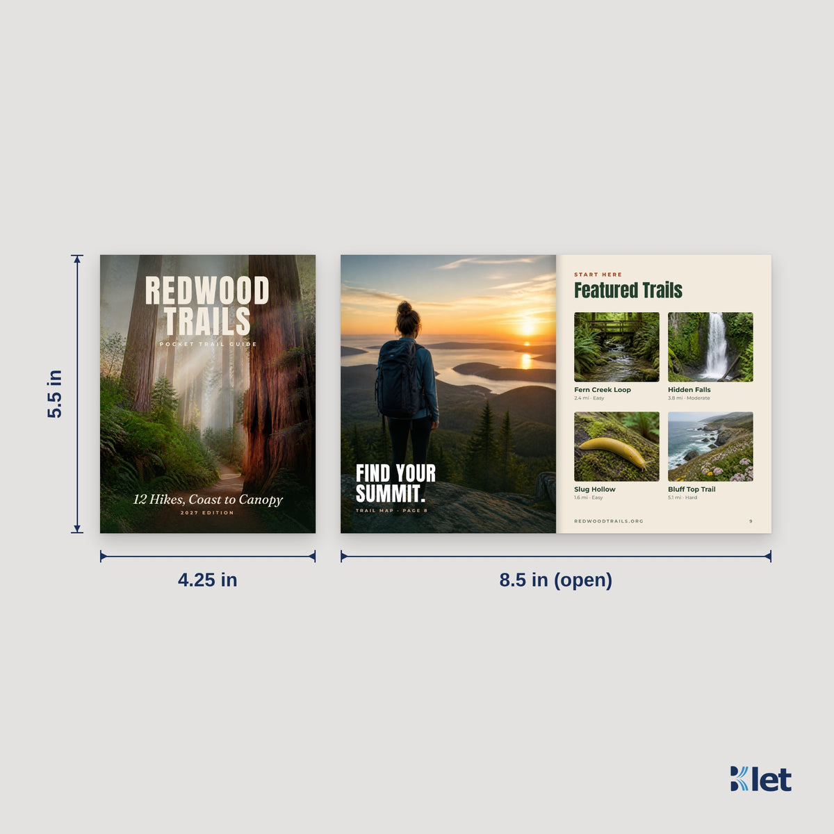 4.25 x 5.5 booklet size: 4.25 x 5.5 in closed, opens flat to 8.5 x 5.5 in