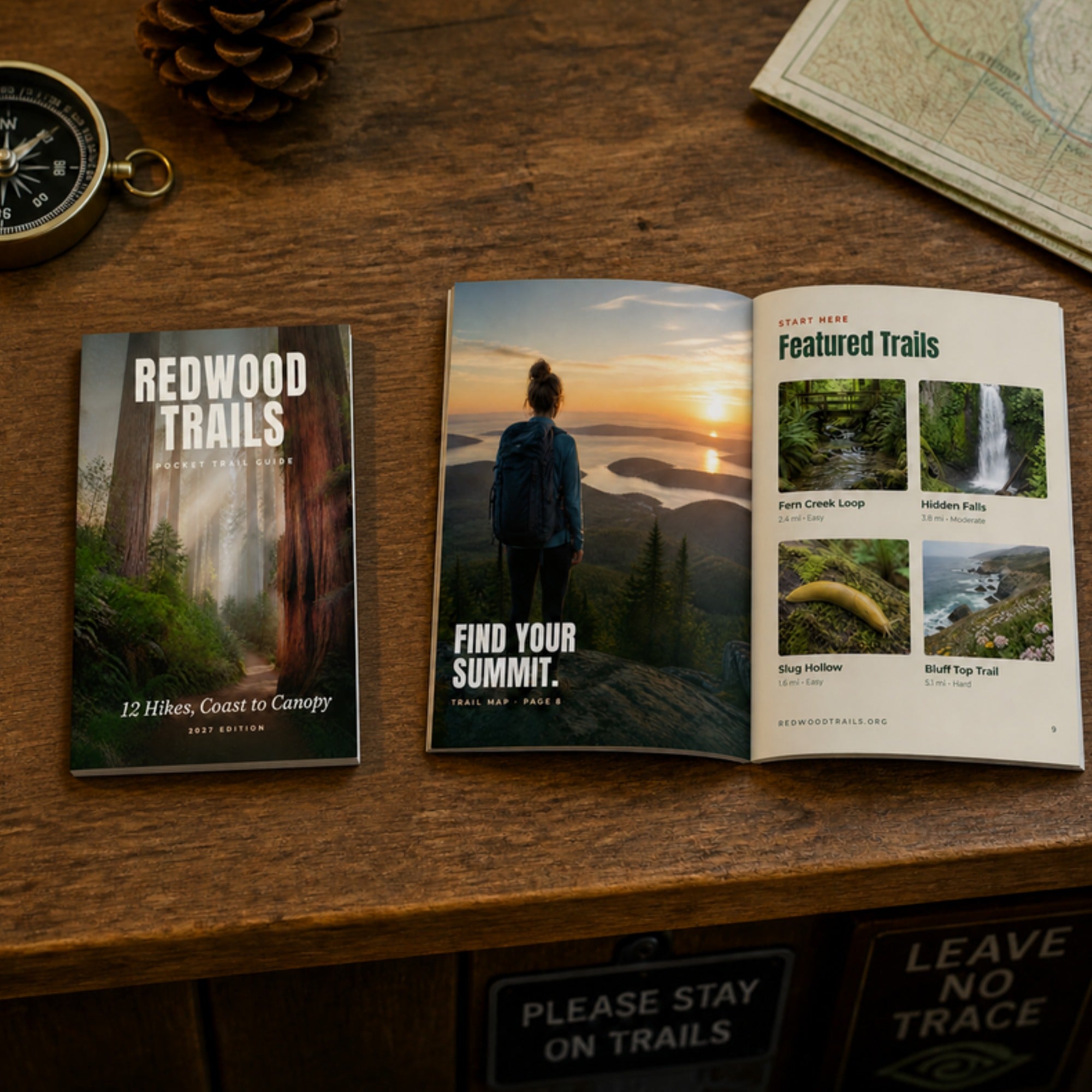 Printed 4.25 x 5.5 pocket trail guide closed and open on a wooden visitor center counter