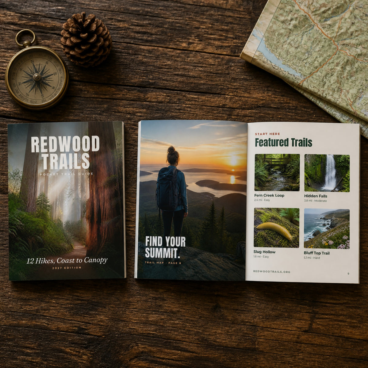 Printed 4.25 x 5.5 trail guide closed and open on a wooden table