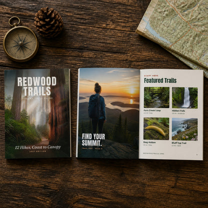 Printed 4.25 x 5.5 trail guide closed and open on a wooden table