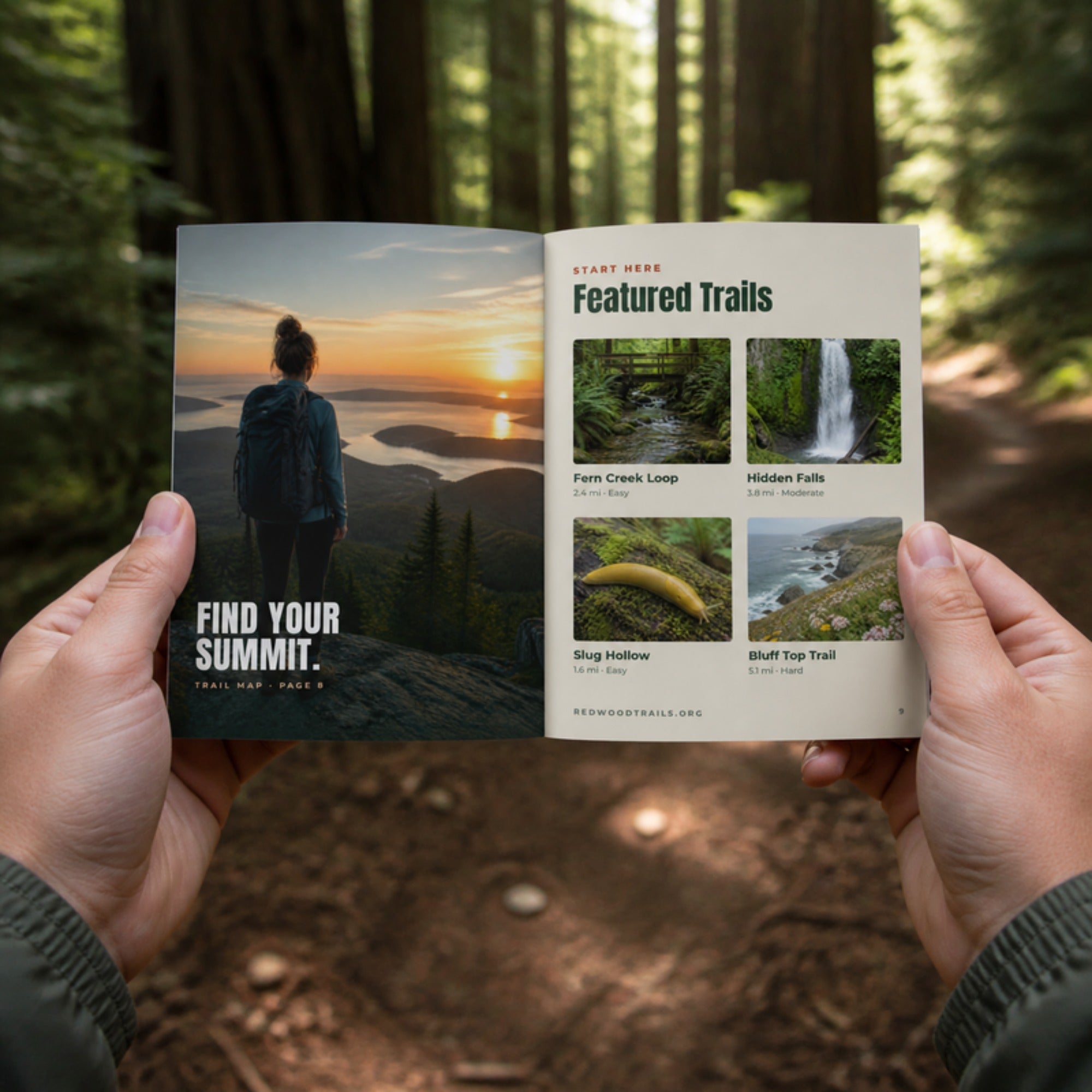 Hiker holding an open 4.25 x 5.5 pocket trail guide in a redwood forest