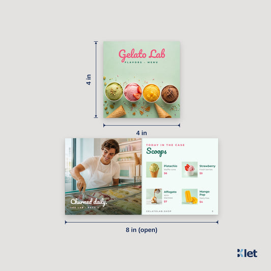 4 x 4 square booklet size: 4 x 4 in closed, opens flat to 8 x 4 in