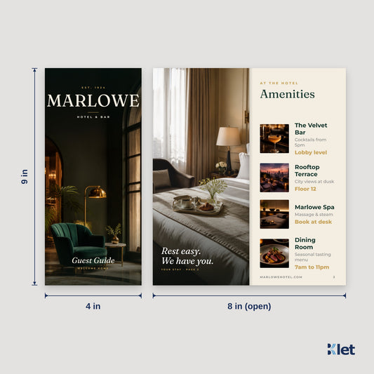 4 x 9 booklet size: 4 x 9 in closed, opens flat to 8 x 9 in