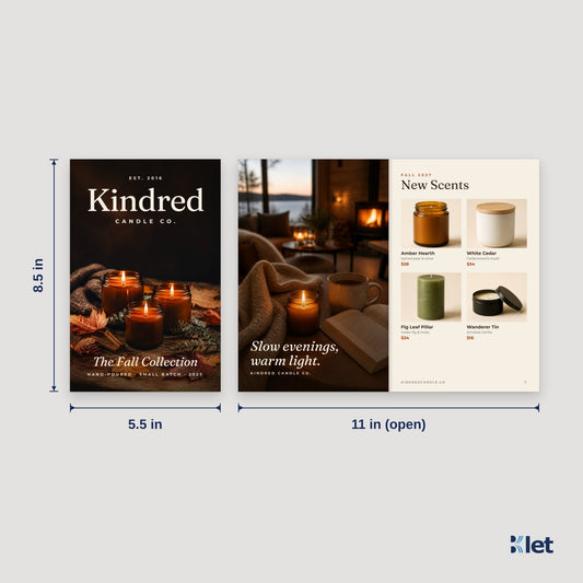5.5 x 8.5 booklet size: 5.5 x 8.5 in closed, opens flat to 11 x 8.5 in