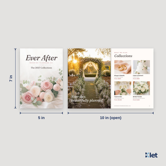 5 x 7 booklet size: 5 x 7 in closed, opens flat to 10 x 7 in