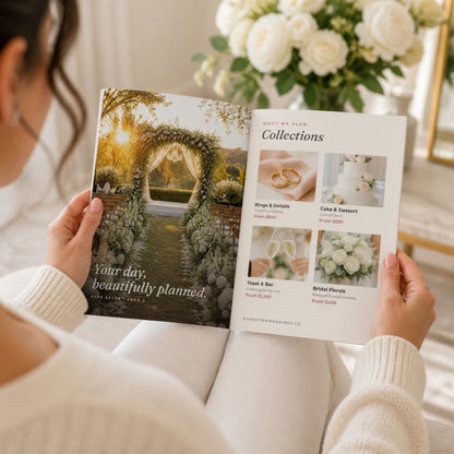 Bride-to-be reading an open 5 x 7 wedding planning guide