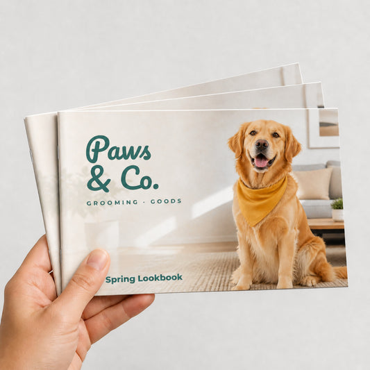 Custom 7 x 5 landscape saddle-stitched booklets held in hand