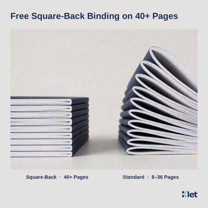 Free square-back saddle stitch on booklets with 40 or more pages, next to standard folded spines