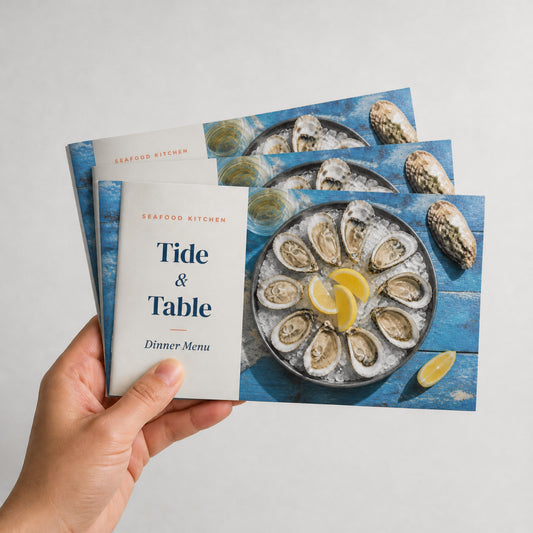 Custom 8.5 x 5.5 landscape saddle-stitched booklets held in hand