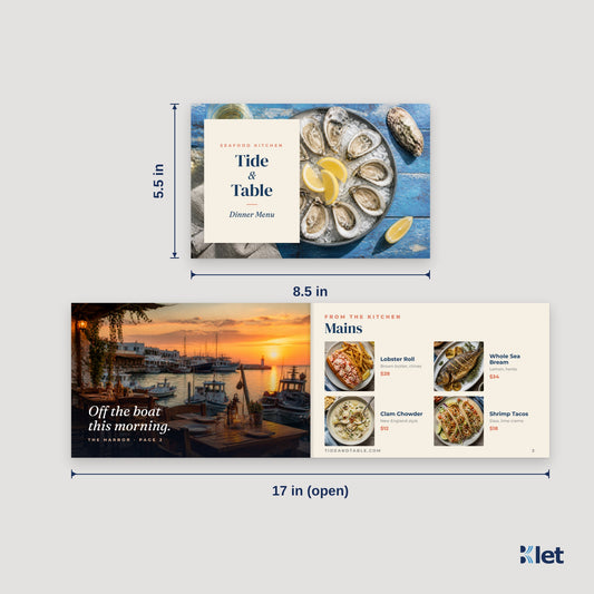 8.5 x 5.5 landscape booklet size: 8.5 x 5.5 in closed, opens flat to 17 x 5.5 in