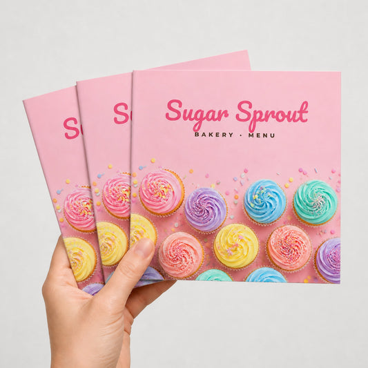 Custom 8.5 x 8.5 square saddle-stitched booklets held in hand