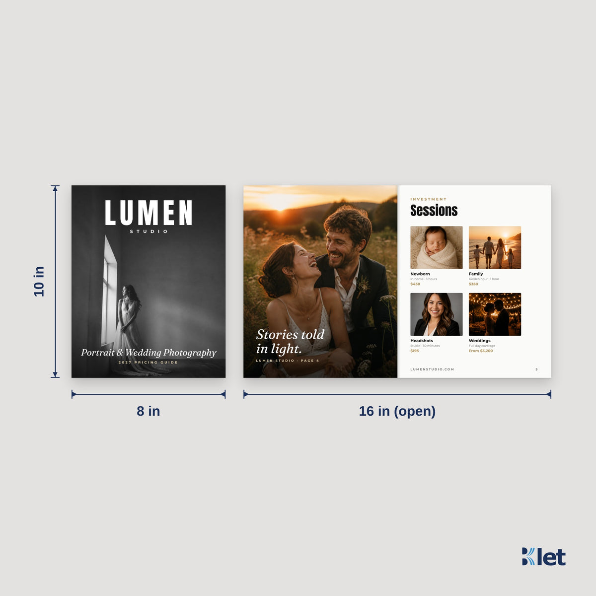 8 x 10 booklet size: 8 x 10 in closed, opens flat to 16 x 10 in
