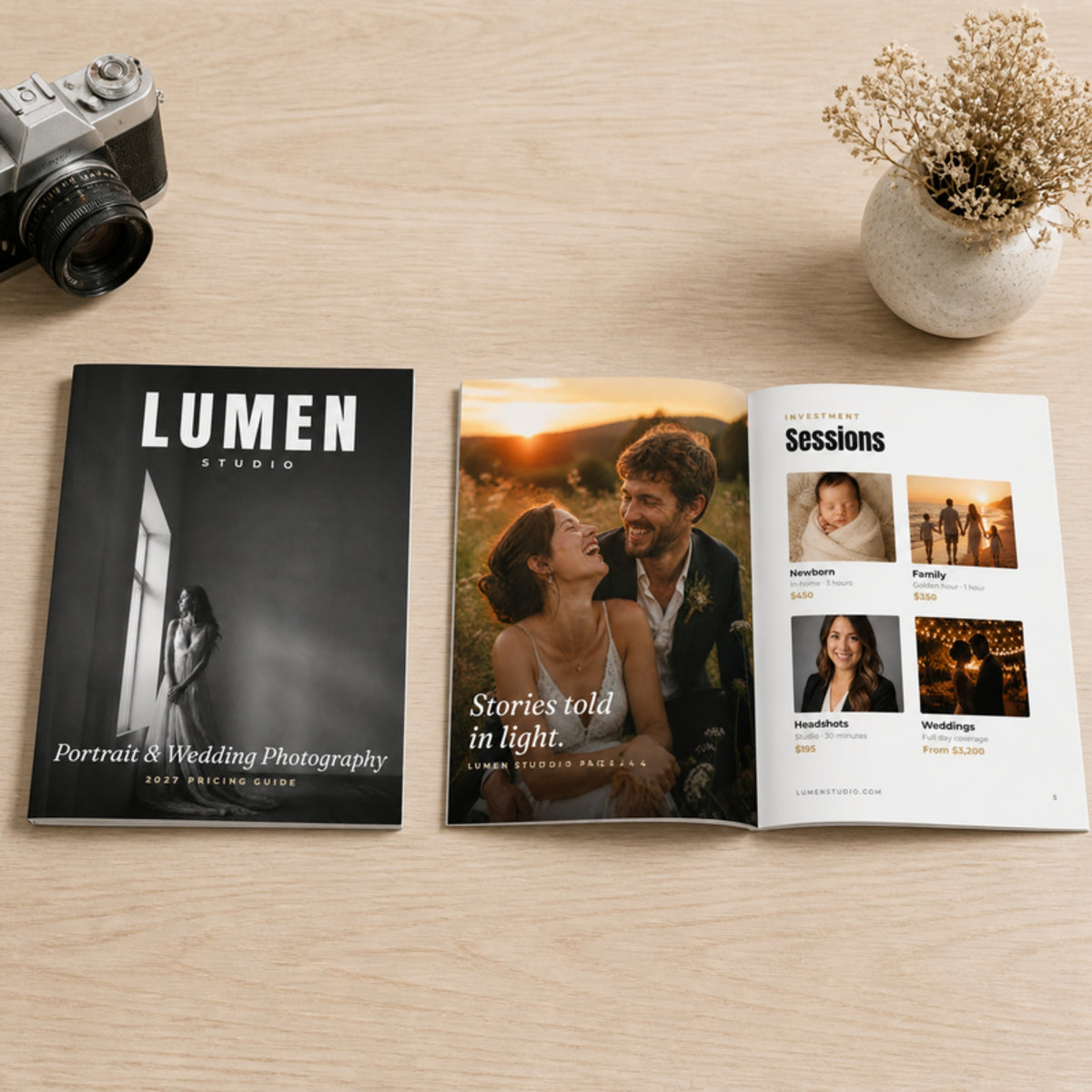 Printed 8 x 10 photography pricing guide closed and open on a white oak table with a film camera