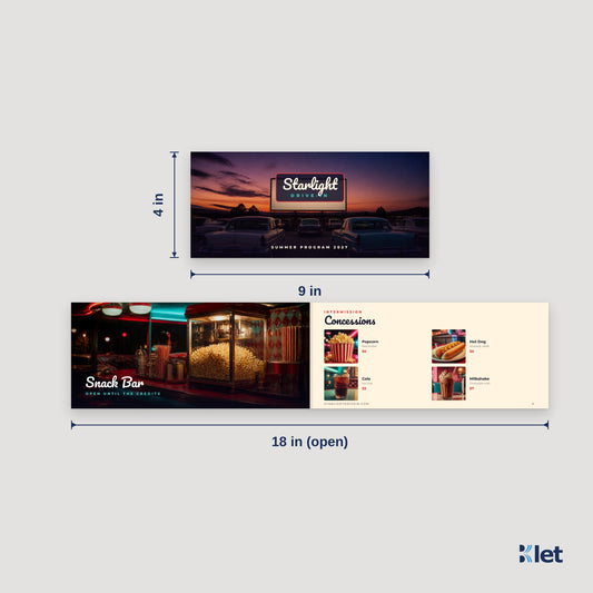 9 x 4 landscape booklet size: 9 x 4 in closed, opens flat to 18 x 4 in
