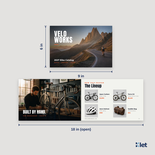 9 x 6 landscape booklet size: 9 x 6 in closed, opens flat to 18 x 6 in
