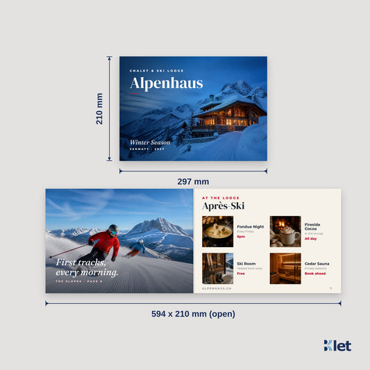 A4 landscape (297 x 210 mm) booklet size: opens flat to 594 x 210 mm