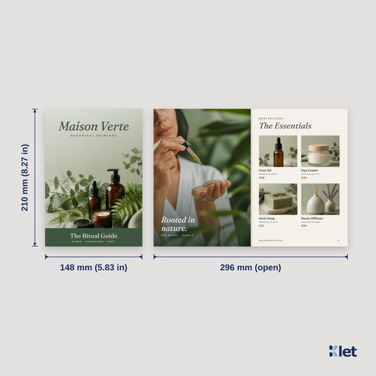 A5 booklet size: 148 x 210 mm (5.83 x 8.27 in) closed, opens flat to 296 x 210 mm