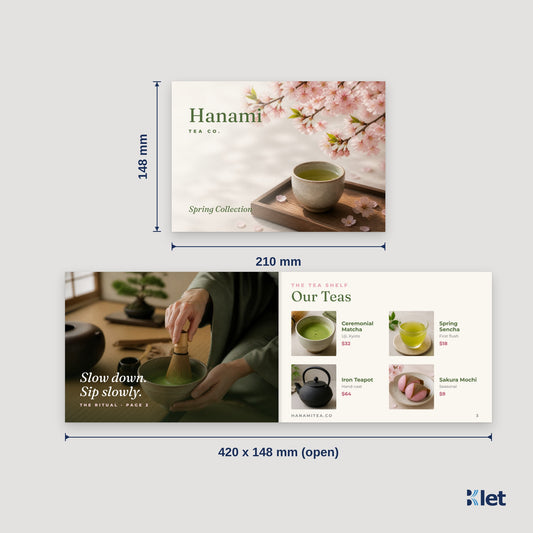 A5 landscape (210 x 148 mm) booklet size: opens flat to 420 x 148 mm