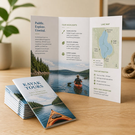 Tri-fold brochure standing open to show its inside panels, with folded brochures stacked beside it