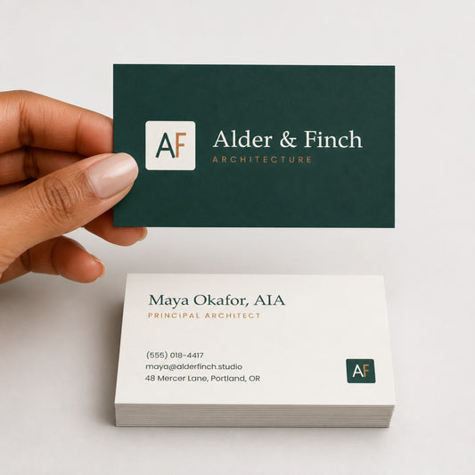Custom business card held in hand with a stack below