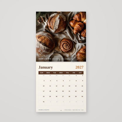 12 x 12 saddle-stitched wall calendar hanging open with hang holes