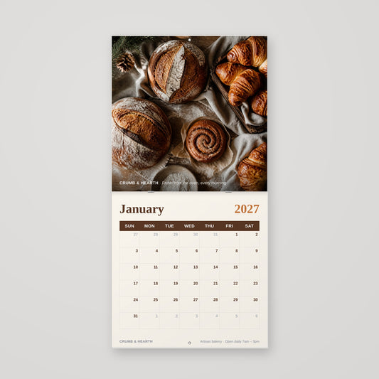 12 x 12 saddle-stitched wall calendar hanging open with hang holes