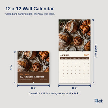 12 x 12 wall calendar size guide, closed and open dimensions