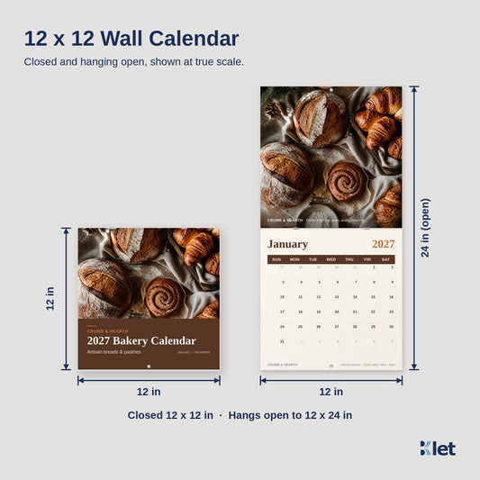 12 x 12 wall calendar size guide, closed and open dimensions