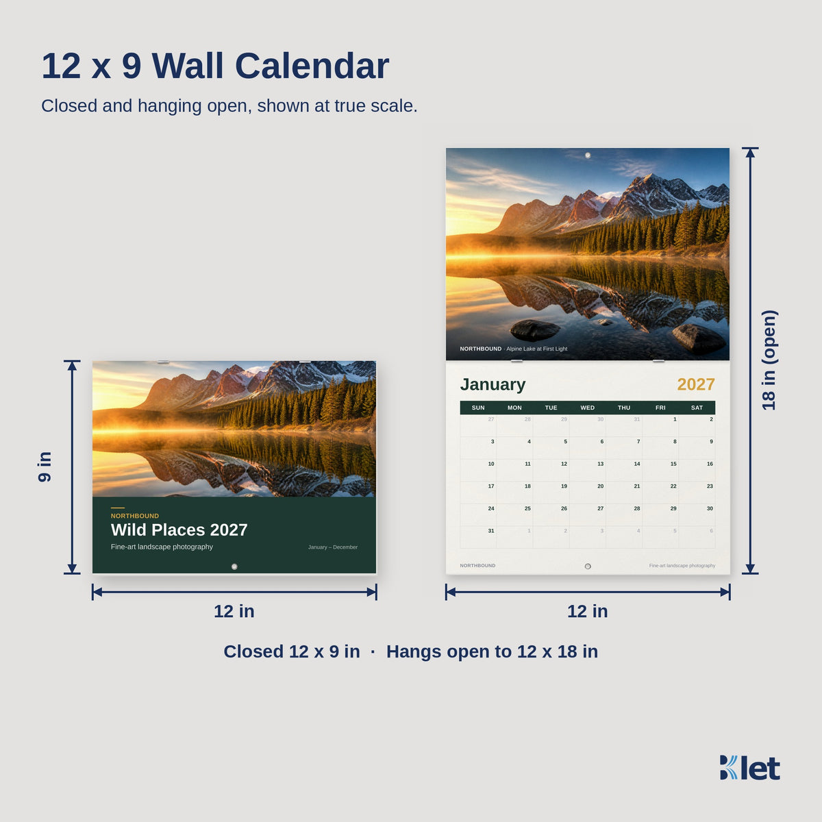 12 x 9 wall calendar size guide, closed and open dimensions