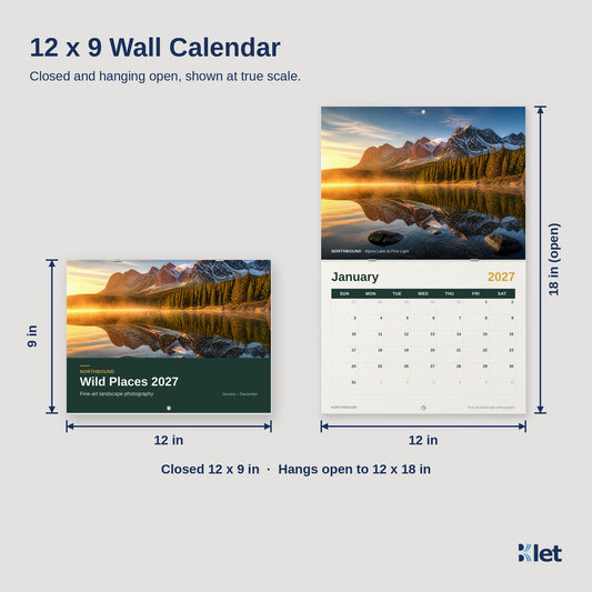 12 x 9 wall calendar size guide, closed and open dimensions