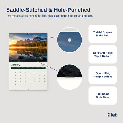 12 x 9 wall calendar with two metal staples in the fold and 1/8 inch hang holes