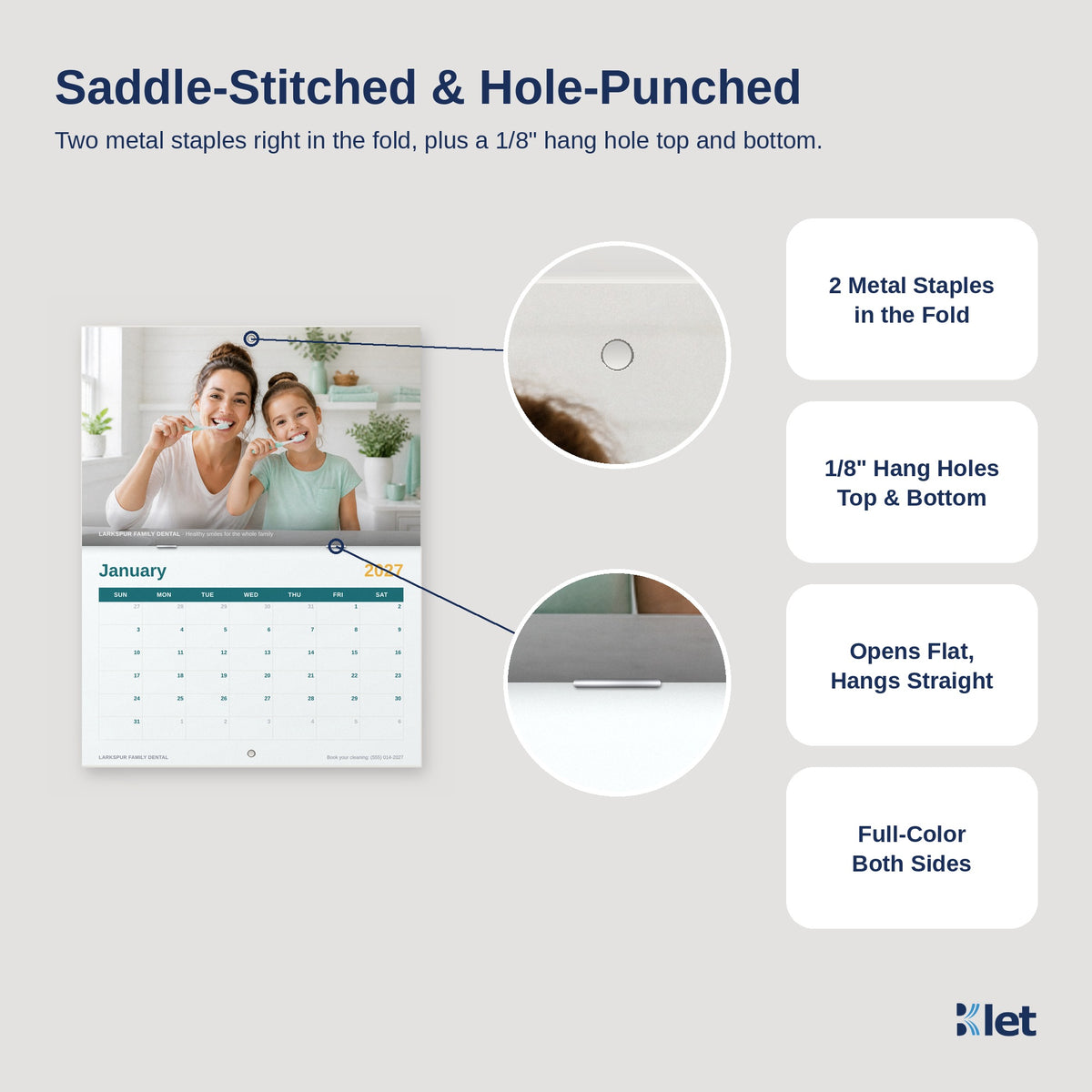 8.5 x 5.5 wall calendar with two metal staples in the fold and 1/8 inch hang holes
