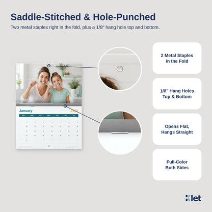 8.5 x 5.5 wall calendar with two metal staples in the fold and 1/8 inch hang holes