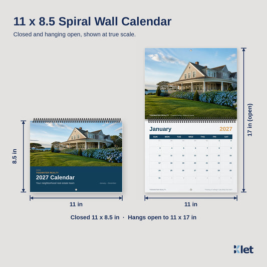 11 x 8.5 spiral wall calendar size, closed and open