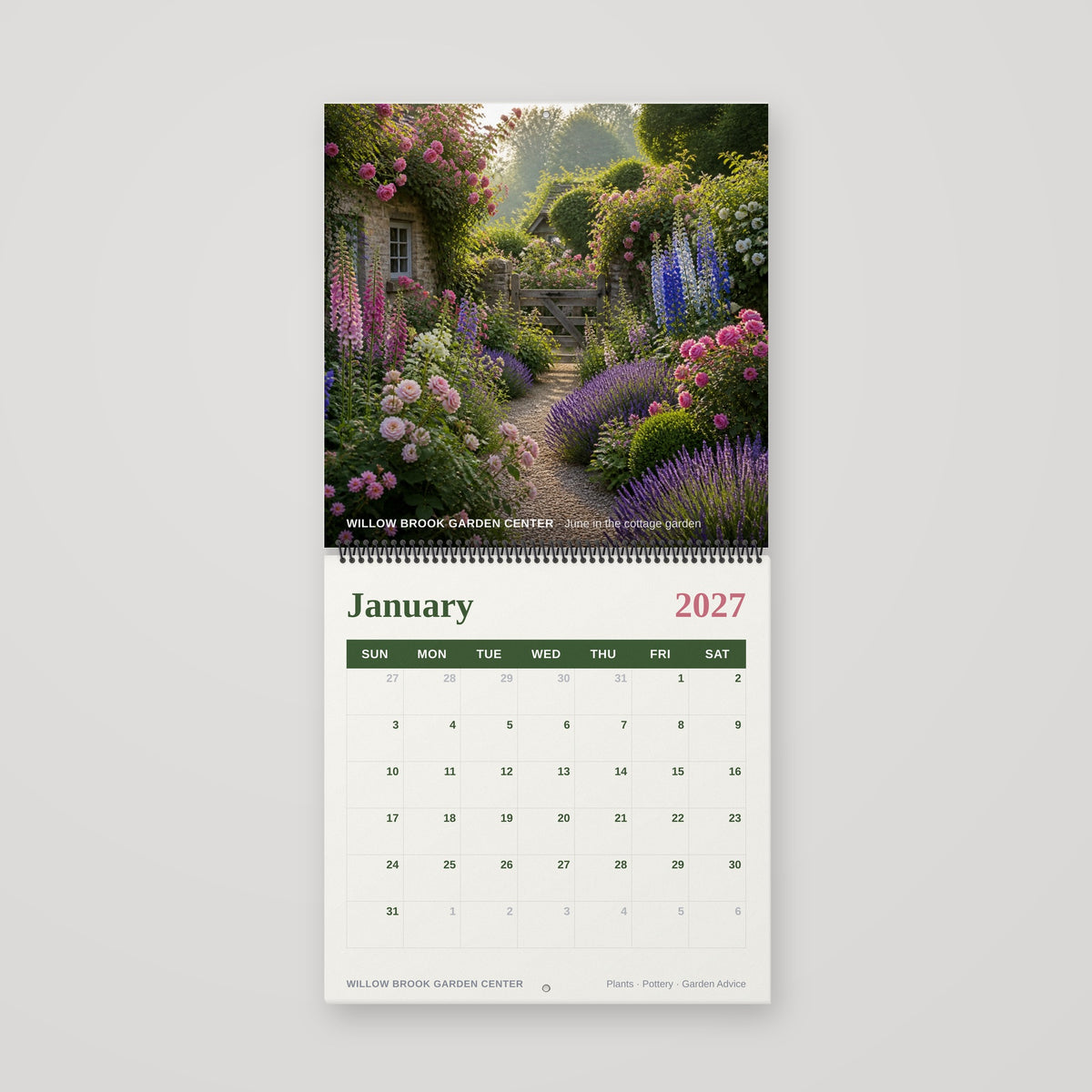 Custom 12 x 12 spiral wall calendar hanging open