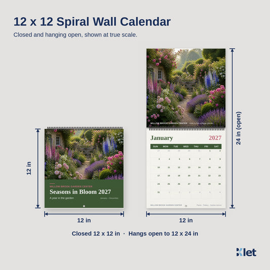 12 x 12 spiral wall calendar size, closed and open