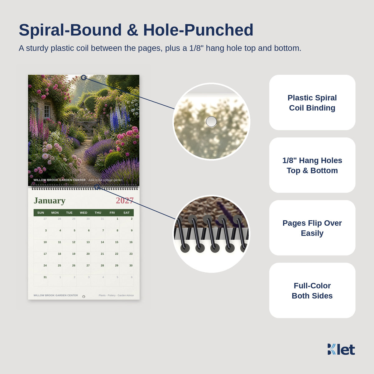 Spiral binding and 1/8 inch hang holes close-up