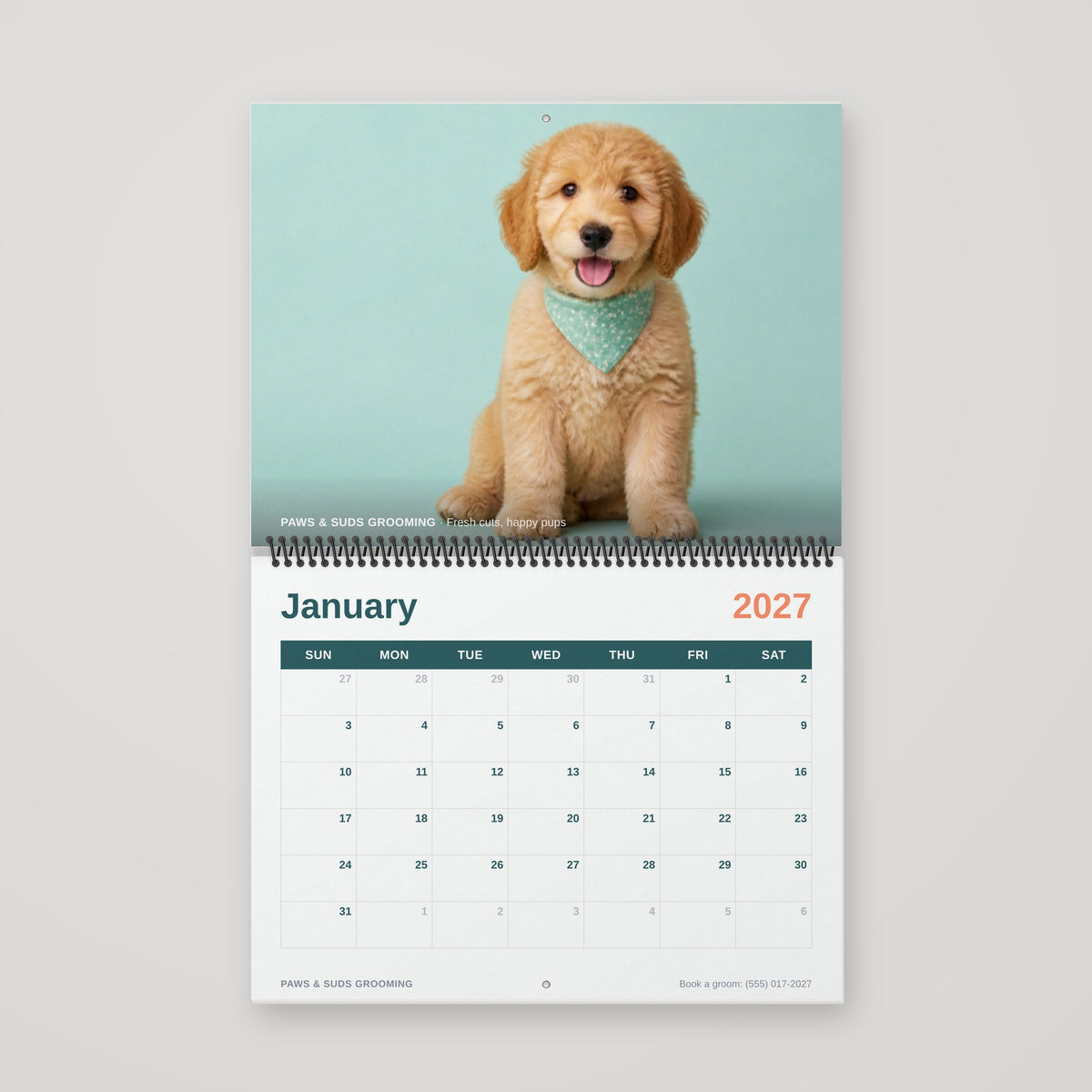 Custom 12 x 9 spiral wall calendar hanging open
