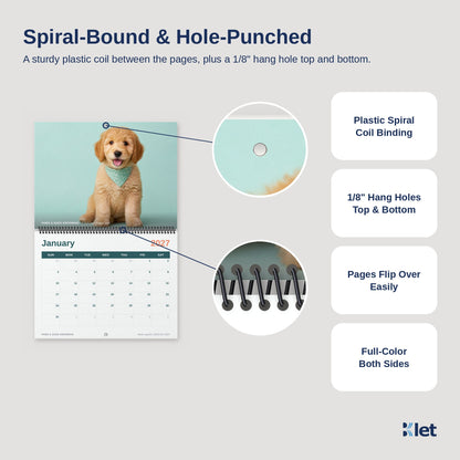 Spiral binding and 1/8 inch hang holes close-up