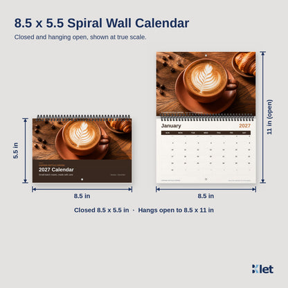 8.5 x 5.5 spiral wall calendar size, closed and open