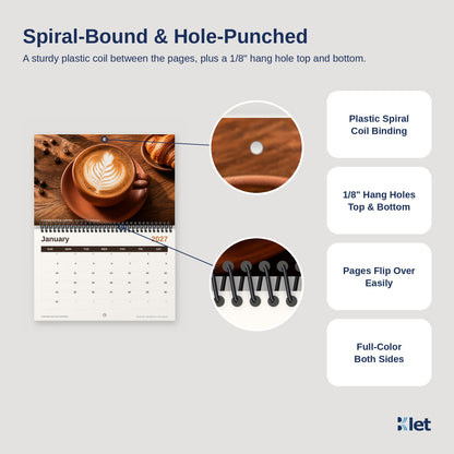 Spiral binding and 1/8 inch hang holes close-up